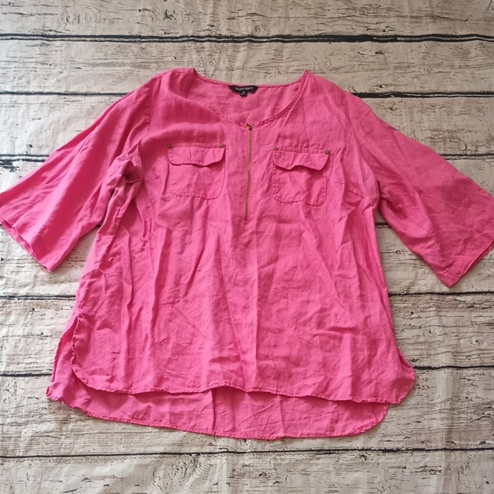 Ellen Tracy Pink Linen Gold Tassel Zip Tunic Top 1X